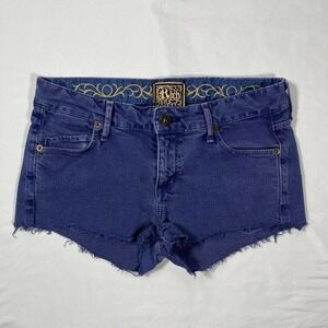 y2k Rich & Famous purple lowrise denim micro shorts with embroidered detailing